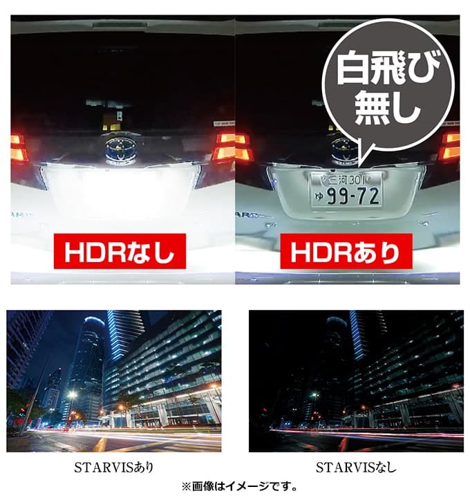 ▲特にヘッドライトで白飛びしがちな夜間はHDR機能が必須
