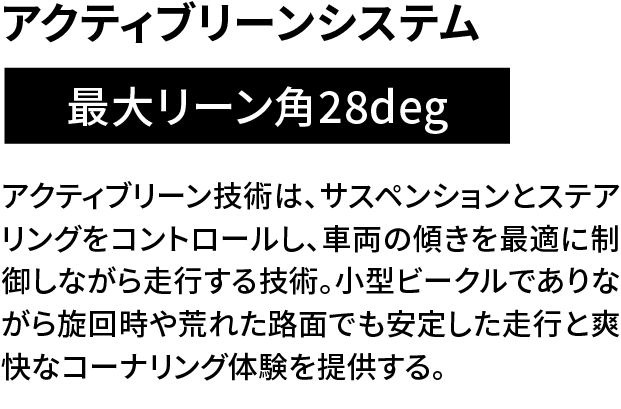 アクティブクリーンシステム　最大リーン角28° アクティブリーン技術は、サスペンションとステアリングをコントロールし、車両の傾きを最適に制御しながら走行する技術。小型ビークルでありながら旋回時や荒れた路面でも安定した走行と爽快なコーナリング体験を提供する。