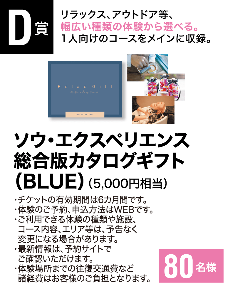 ［D賞］リラックス、アウトドア等、幅広い種類の体験から選べる。1人向けのコースをメインに収録。「ソウ・エクスペリエンス 総合版カタログギフト（BLUE）（5,000円相当）80名様」・チケットの有効期間は6カ月間です。・体験のご予約、申込方法はWEBです。・ご利用できる体験の種類や施設、コース内容、エリア等は、予告なく変更になる場合があります。・最新情報は、予約サイトでご確認いただけます。・体験場所までの往復交通費など諸経費はお客様のご負担となります。
