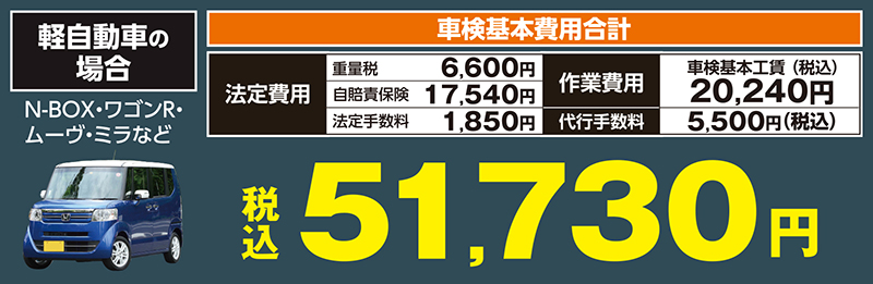 軽自動車の場合/N-BOX・ワゴンR・ムーヴ・ミラなど車検基本費用合計税込51,730円