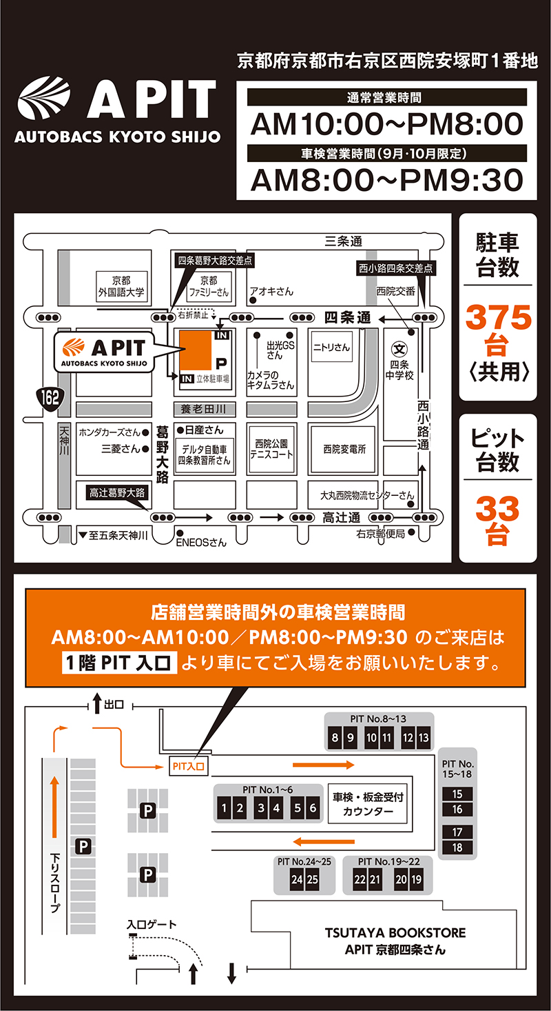 A PIT AUTOBACS KYOTO SHIJO/京都府京都市右京区西院安塚町1番地/通常営業時間：AM10:00~PM8:00/車検営業時間（9月・10月限定）AM8:00~PM9:30/駐車台数375台〈共用〉/ピット台数33台