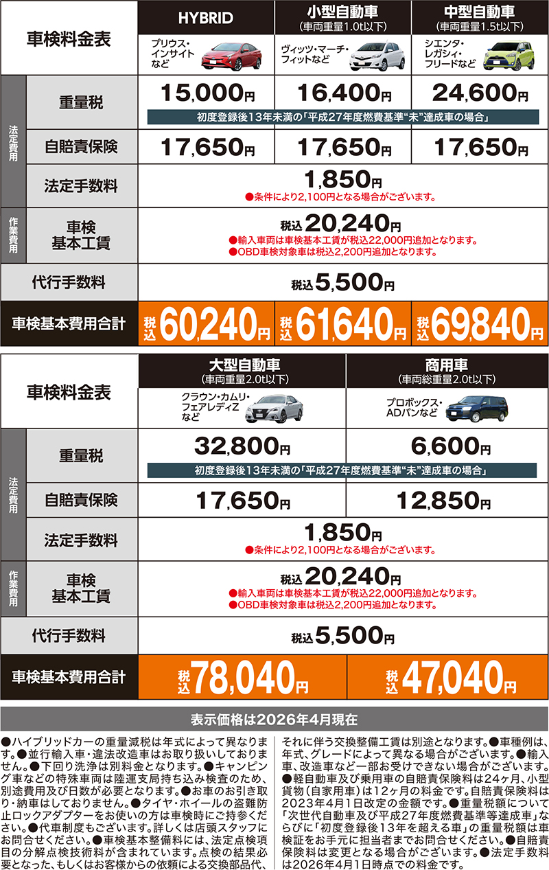 車検料金表