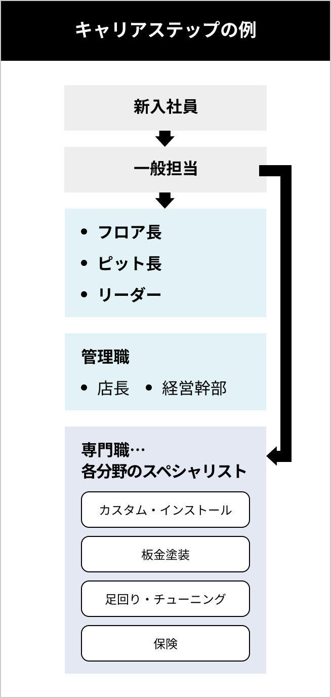 キャリアステップの例 新入社員から一般担当、そこからフロア長またはピット長、またはリーダー、管理職として店長、経営幹部へ。新入社員から一般担当、そこから専門職、各分野のスペシャリストへ（カスタム・インストール、板金塗装、足回り・チューニング、保険・生保）