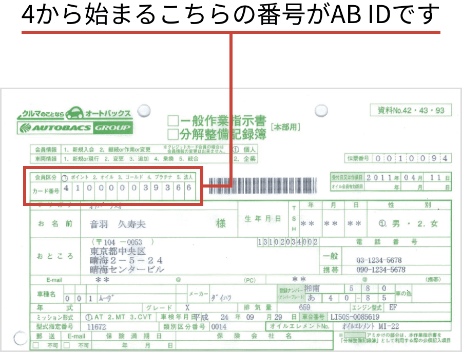 画像：作業伝票控えでAB IDを確認する方法