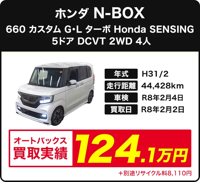 N-BOX カスタム G･L ターボ Honda SENSING 買取実績 124.1万円