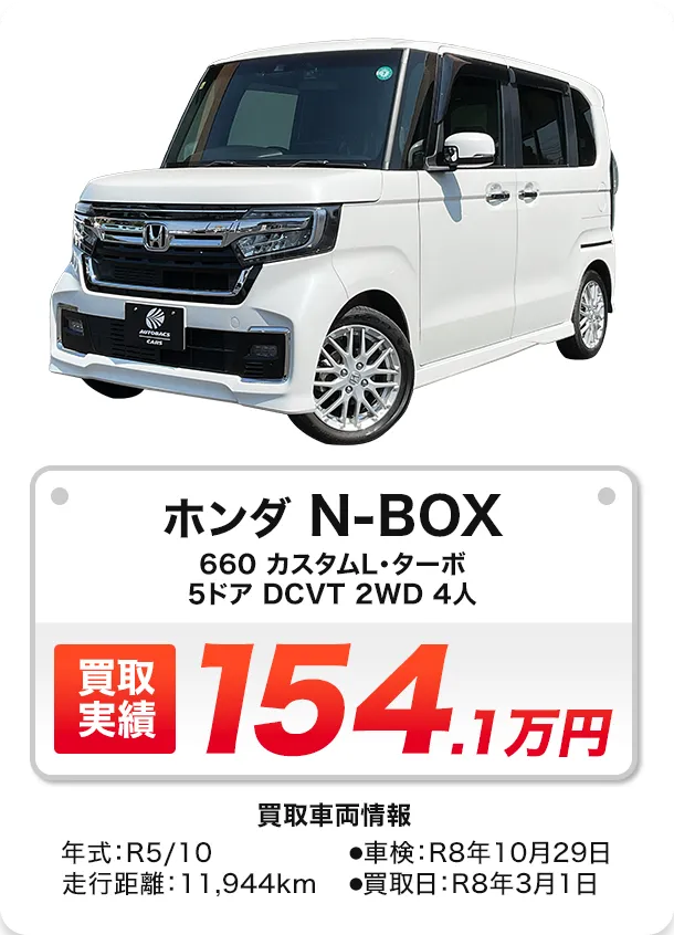 N-BOX 660 カスタム L・ターボ 5ドア DCVT 2WD 4人 買取実績 154.1万円