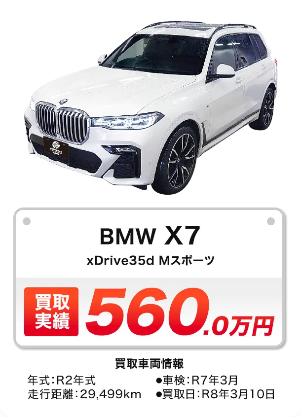 SUV BMW X7 xDrive35d Mスポーツ 買取実績 560.0万円