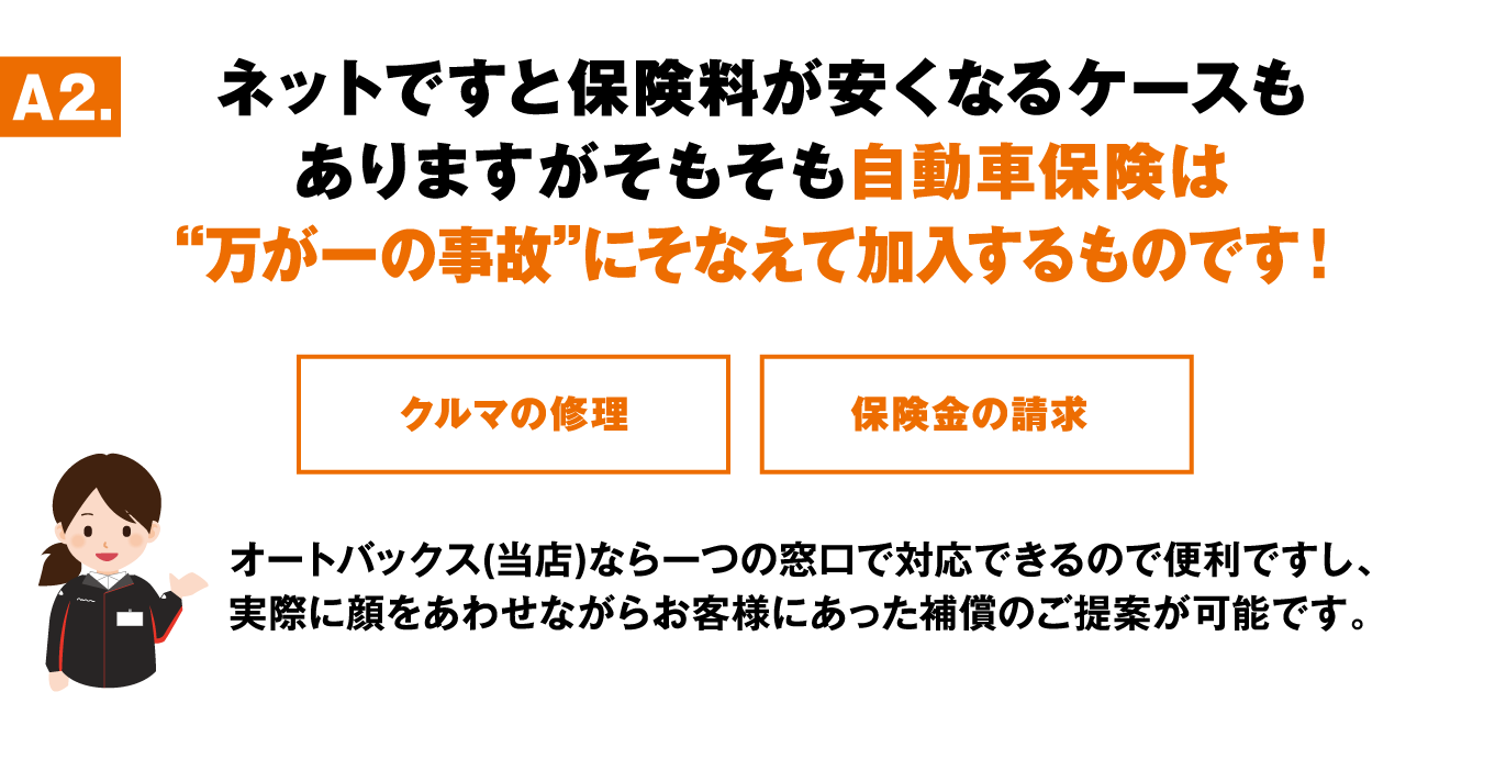 ネットですと保険料が安くなるケースもありますがそもそも自動車保険は“万が一の事故”にそなえて加入するものです！