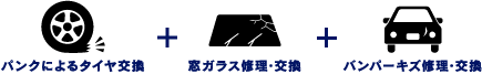 パンクによるタイヤ交換+窓ガラス修理・交換+バンパーキズ修理・交換