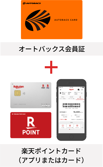オートバックス会員証と楽天ポイントカード(アプリまたはカード)